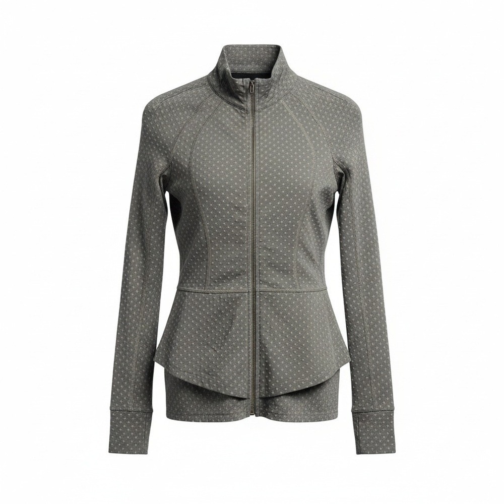 Pure + Good Peplum Full Zip Jacket XS Gray Polka Dot Athleisure Yoga‎ Excellent